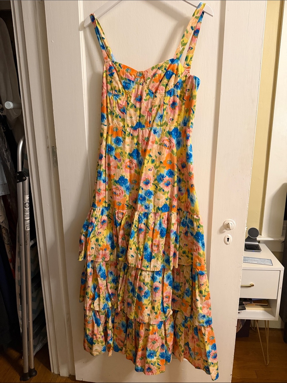 Aqua Yellow Floral Tiered Maxi Dress with Blue and Pink Flowers